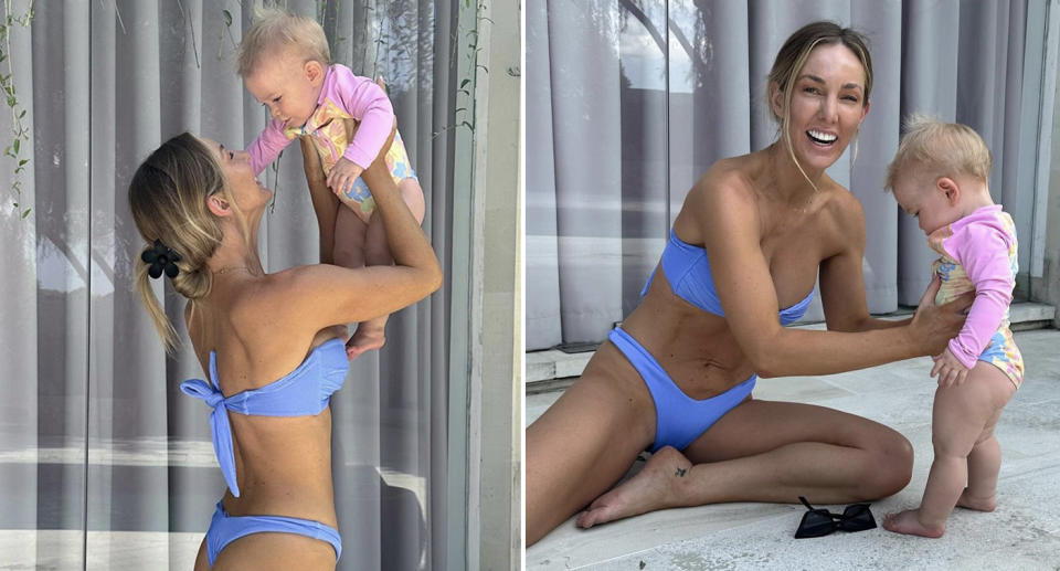 Ashy Bines plays with her daughter Tala in their swimmers at a villa in Bali