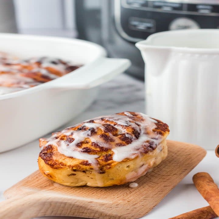 Air air fryer cinnamon roll with icing.