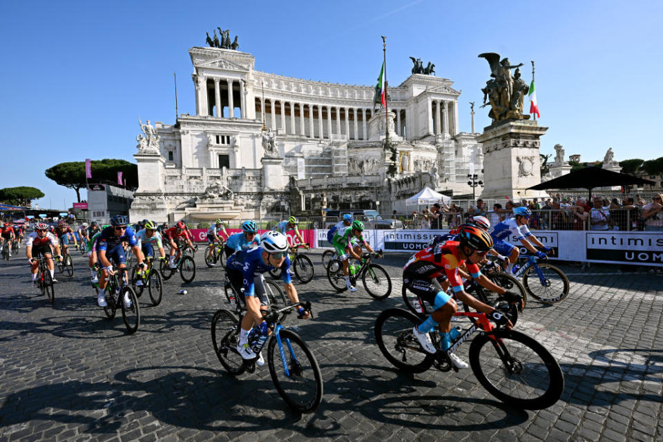 ROME ITALY  MAY 28 LR Will Barta of The United States and Movistar Team Santiago Buitrago of Colombia and Team Bahrain  Victorious and a general view of the peloton competing at the Piazza Venezia during the 106th Giro dItalia 2023 Stage 21 a 126km stage from Rome to Rome  UCIWT  on May 28 2023 in Rome Italy Photo by Stuart FranklinGetty Images