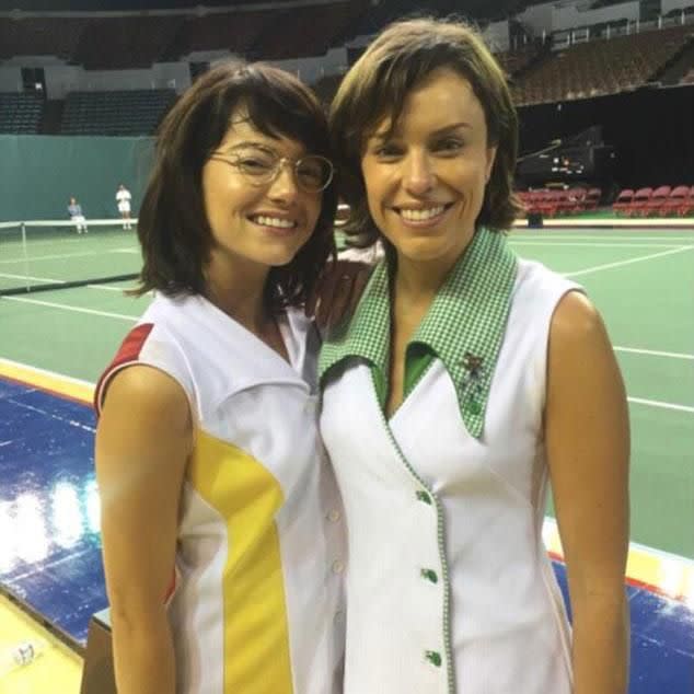 Jessica pictured on set with Battle Of The Sexes co-star Emma Stone who played tennis player Billie Jean King. Source: Getty