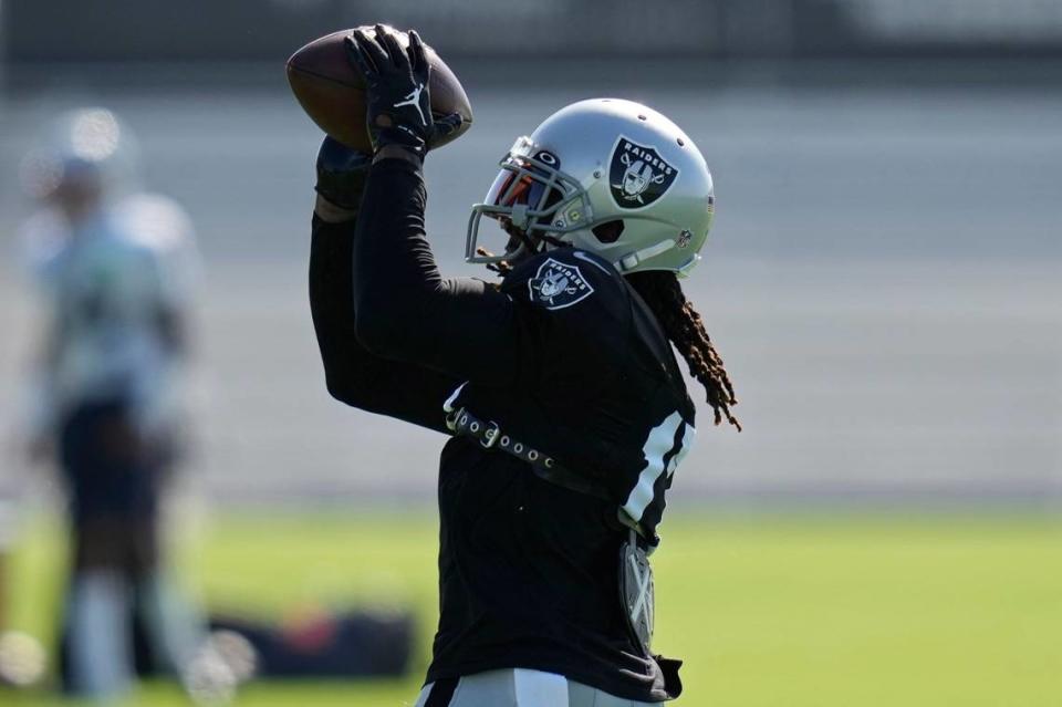 Las Vegas Raiders wide receiver Davante Adams practices during NFL training camp Tuesday, Aug. 23, 2022, in Henderson, Nev.