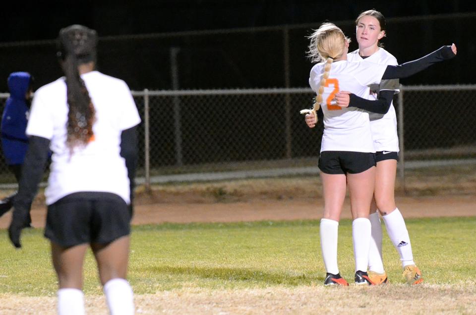 Apple Valley’s Jadyn Bechtel celebrates with Bailey Richer after scoring the team’s third goal against Granite Hills on Thursday, Nov. 30, 2023. Apple Valley defeated Granite Hills 3-0 in a battle of reigning league champions.