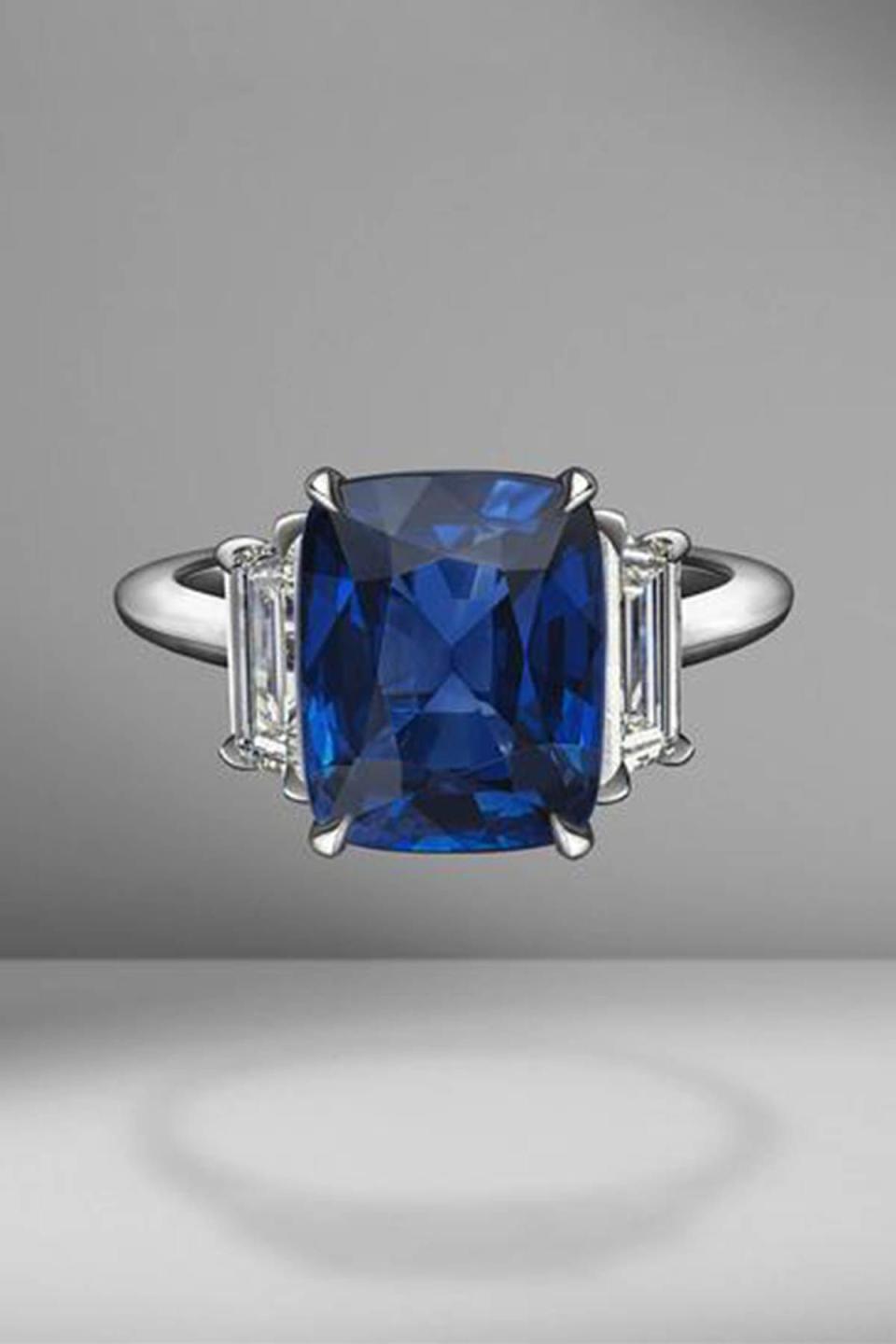 Cushion Cut Sapphire Ring with Trapezoids