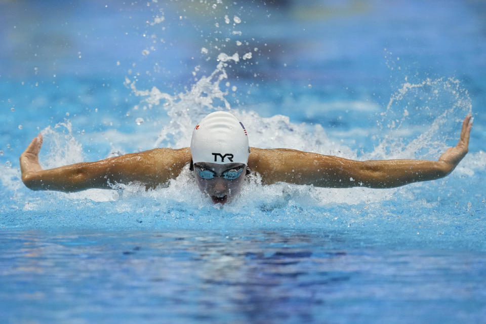 FILE - Torri Huske of the U.S. competes during the women's 4x100m medley relay heat at the World Swimming Championships in Fukuoka, Japan, Sunday, July 30, 2023. (AP Photo/Lee Jin-man, File)