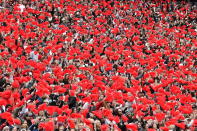 Georgia fans cheer during a victory celebration for the NCAA college football champions in Athens, Ga., Saturday, Jan. 15, 2022. (Hyosub Shin/Atlanta Journal-Constitution via AP)