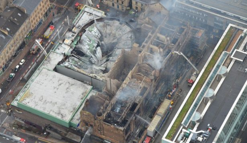 <span class="caption">The distinctive fan-shaped roof of the O2 venue, caved in during the fire that also destroyed Glasgow School of Art's Mackintosh Building.</span> <span class="attribution"><span class="source">Police Scotland</span></span>