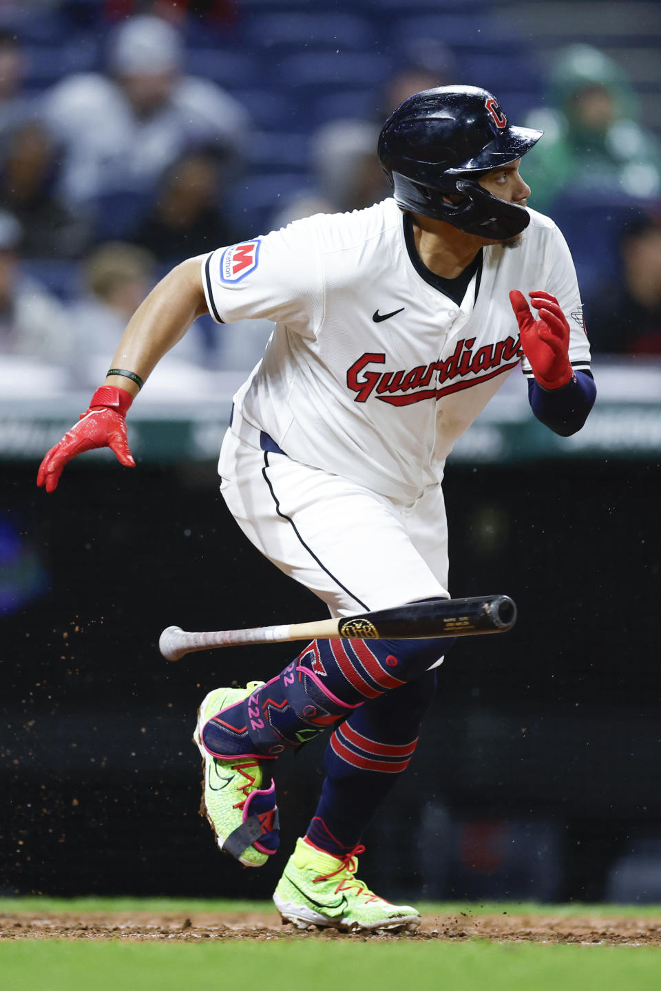 Cleveland Guardians' Josh Naylor watches his one-run double off Chicago White Sox pitcher Bryan Shaw during the tenth inning of a baseball game, Wednesday, April 10, 2024, in Cleveland. (AP Photo/Ron Schwane)