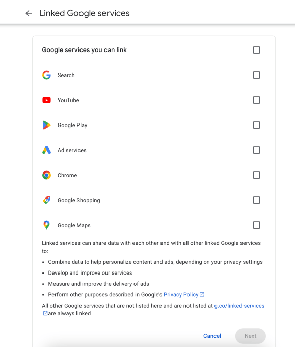 The "Linked Google services" settings menu for Google Account holders.