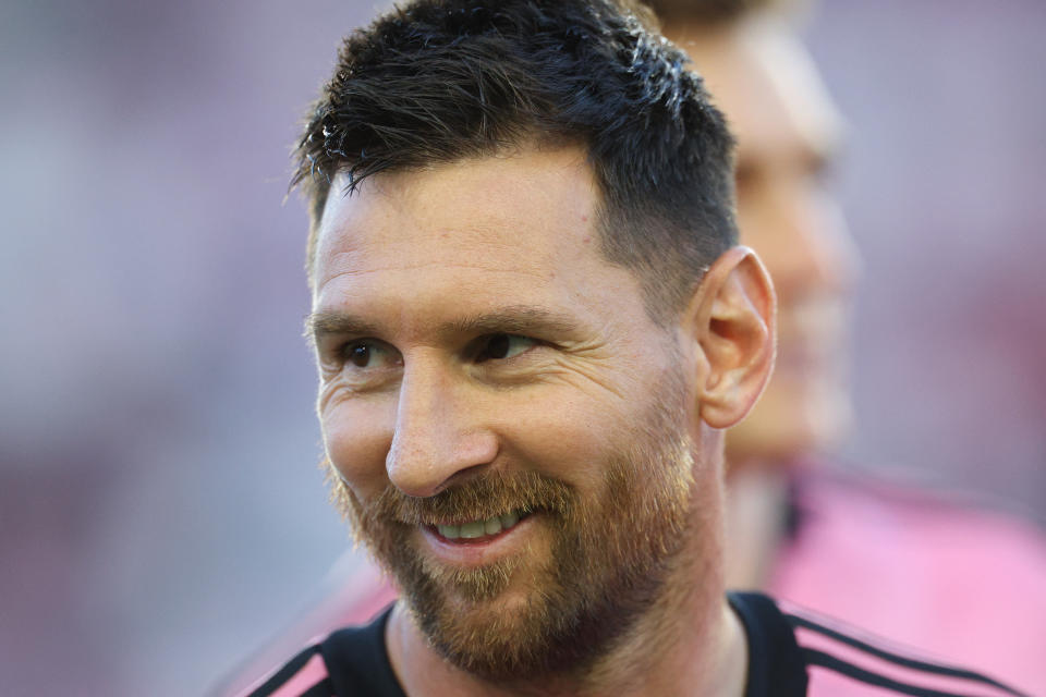 May 29, 2024; Fort Lauderdale, Florida, USA; Inter Miami CF forward Lionel Messi (10) looks on before the game against Atlanta United at Chase Stadium. Mandatory Credit: Nathan Ray Seebeck-USA TODAY Sports