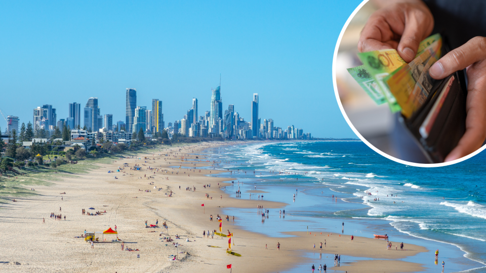 Aerial view of the Gold Coast and a person removing $100 notes from a wallet.