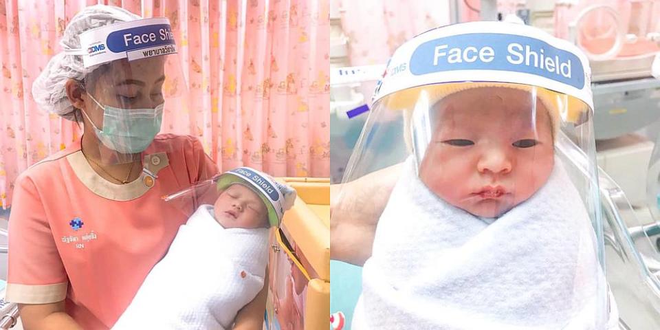 Babies born in the Covid-19 era at a Thai hospital are given mini face-shields to prevent the spread of the virus. — Picture from Facebook/paolohealthcarespk