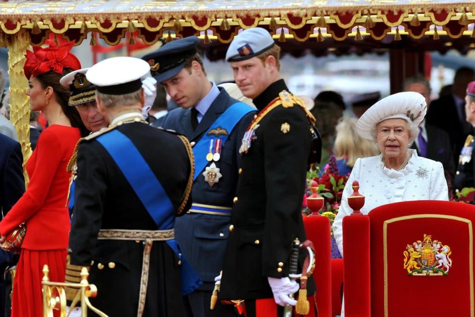Prince Harry, Catherine, Duchess of Cambridge, Prince William, Duke of Cambridge,  Prince Philip, Duke of Edinburgh,  Prince Charles, Prince of Wales and Queen Elizabeth II onboard the Spirit of Chartwell  during the Diamond Jubilee Pageant on the River Thames during the Diamond Jubilee Thames River Pageant on June 3, 2012 in London (Getty Images)