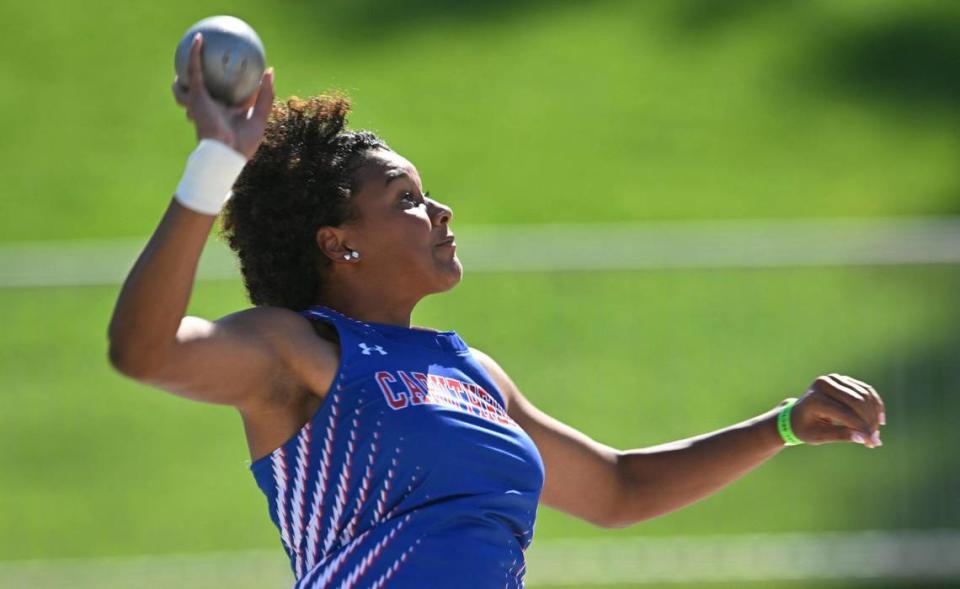 Caruthers’ Nailea Fields in the shot put at the CIF Central Section Masters track and field meet, held at Veterans Memorial Stadium on Saturday, May 20, 2023 in Clovis.