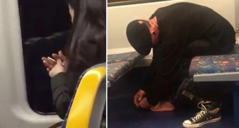 A man was filmed clipping his toenails on a Melbourne train, while footage showed a woman clipping her fingernails on a Sydney train. Photo: Twitter/Reddit