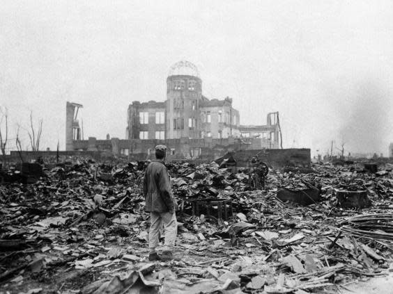 Hiroshima picture on 8 September, 1945, a month after an atomic bomb was dropped on the city. (AP Photo/Stanley Troutman, Pool, File)