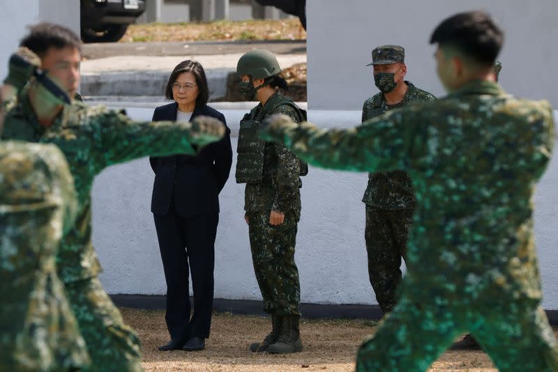 Taiwanese President Tsai Ing-wen visits a military base in Chiayi