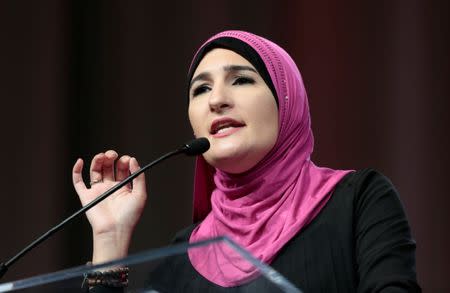 Linda Sarsour, National Co-Chair, Women's March, addresses the audience during the opening session of the three-day Women's Convention at Cobo Center in Detroit, Michigan, U.S., October 27, 2017. REUTERS/Rebecca Cook