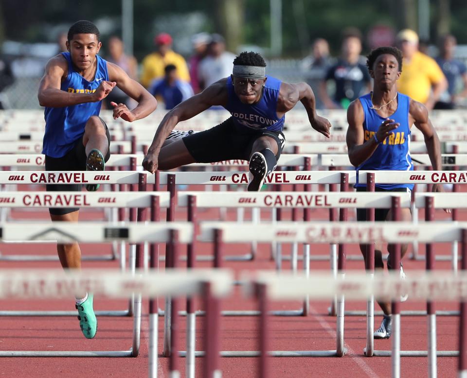 Middletown's Brahmir Vick competes on his way to a win in the 110 meter hurdles during the Rod Lambert Meet of Champions at Caravel Academy in 2019.