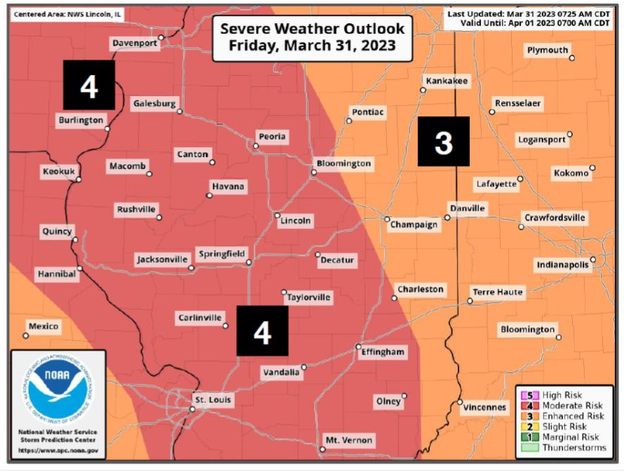 An updated map shows the severe weather risk for central Illinois on Friday