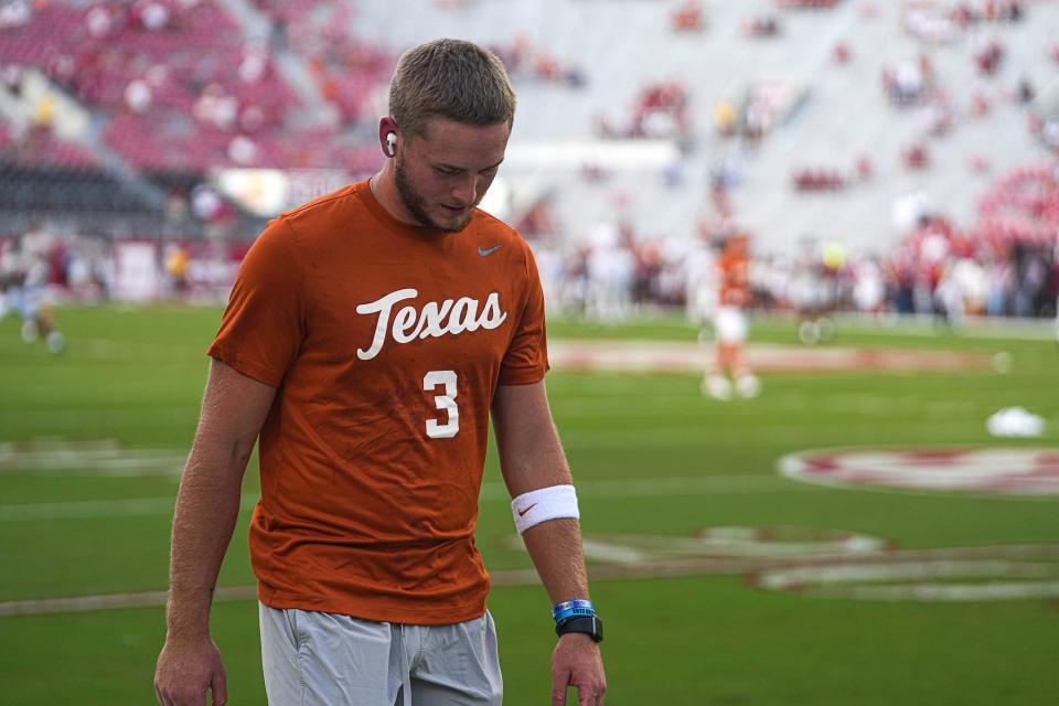 Texas quarterback Quinn Ewers leaves the field after warming up ahead of Saturday's game at Bryant-Denny Stadium. He finished with 349 passing yards, which were only 20 yards shy of his career high, and three touchdowns in the 34-24 win. Through two games, he has yet to commit a turnover.