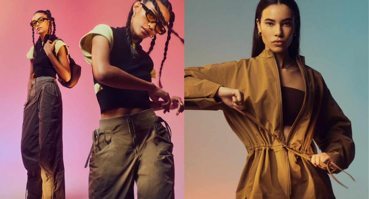 split screen of lululemon models wearing spring 2023 new arrivals, cargo pants, sunglasses, sweater open back