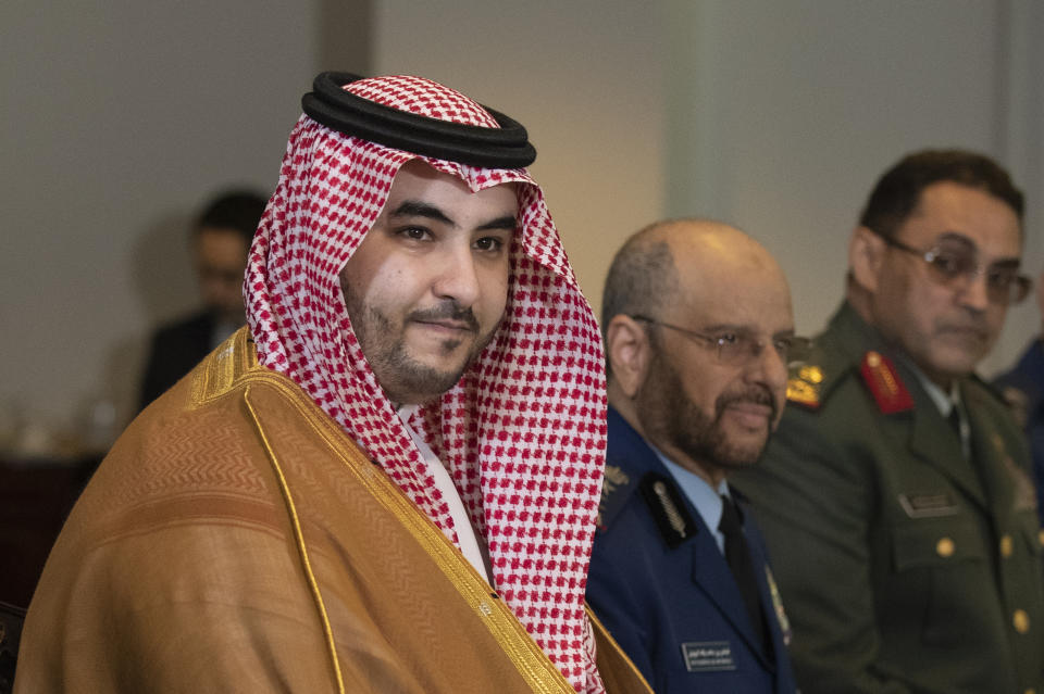 FILE - In this Aug. 29, 2019 file photo, Saudi Deputy Defense Minister Prince Khalid bin Salman meets with Secretary of Defense Mark Esper at the Pentagon. On Thursday, April 9, 2020, a cease-fire proposed by the Saudi-led coalition fighting Iran-backed Houthi rebels in Yemen has gone into effect, potentially paving the way for an end to the more than 5-year-old conflict. Saudi officials announced late on Wednesday that the cease-fire would last for two weeks and that it comes in response to U.N. calls to halt hostilities amid the coronavirus pandemic. Prince Khalid bin Salman tweeted on Thursday that the cease-fire “will hopefully create a more effective climate to deescalate tensions” and enable the sides to work toward a political settlement. (AP Photo/Manuel Balce Ceneta, File)