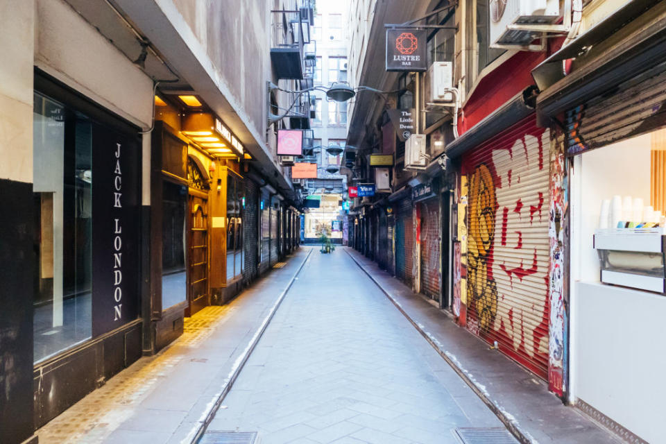 Degraves St and Flinders Lane within Melbourne CBD is quiet and deserted during the coronavirus pandemic. 