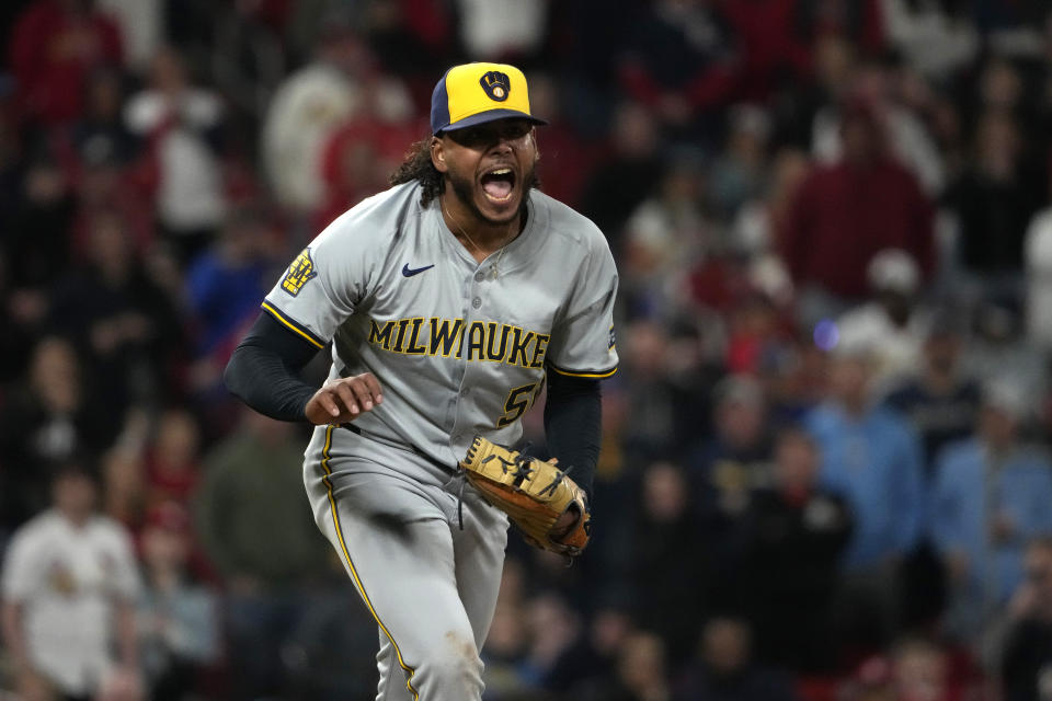 Milwaukee Brewers starting pitcher Freddy Peralta celebrates after striking out St. Louis Cardinals' Nolan Gorman with the bases loaded to end the sixth inning of a baseball game Friday, April 19, 2024, in St. Louis. (AP Photo/Jeff Roberson)