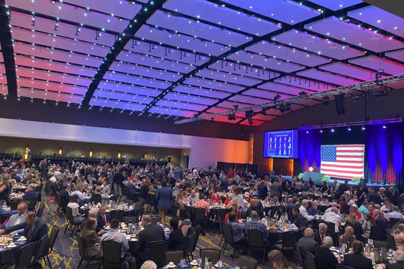 More than 1,200 guests attended the Republican Party of Iowa 2023 Lincoln Dinner at the Iowa Event Center in Des Moines, Iowa, on Friday. Photo by Joe Fisher/UPI