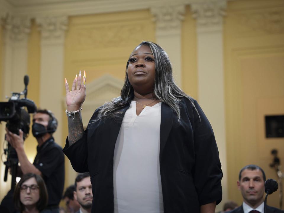 Wandrea ArShaye “Shaye” Moss, a former Georgia election worker, is sworn in before January 6 committee on June 21, 2022.