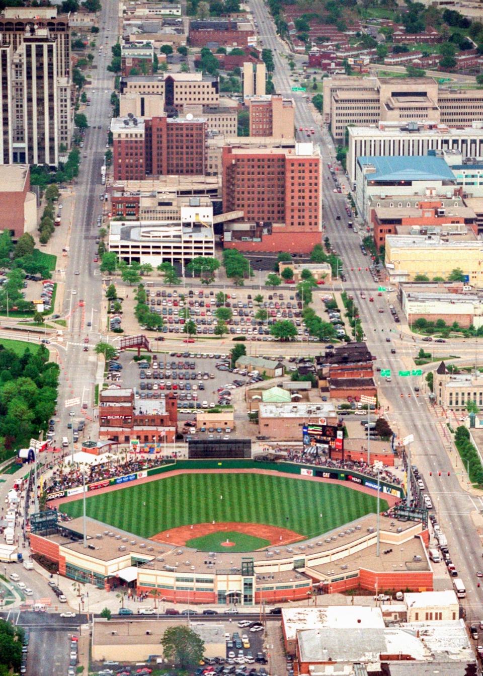 In this Journal Star file photo from May 24, 2002, an aerial view shows the 6,500-seat O'Brien Field and its location in downtown Peoria on the night of its debut.