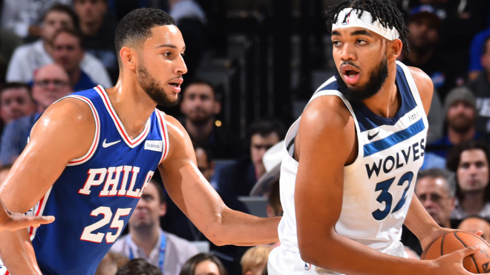 Ben Simmons and Karl-Anthony Towns playing against each other 