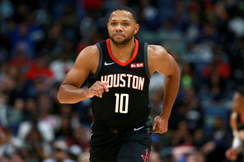 After missing 22 games recovering from a minor knee surgery, Eric Gordon will take the floor on Sunday night against the Pelicans. (Sean Gardner/Getty Images)