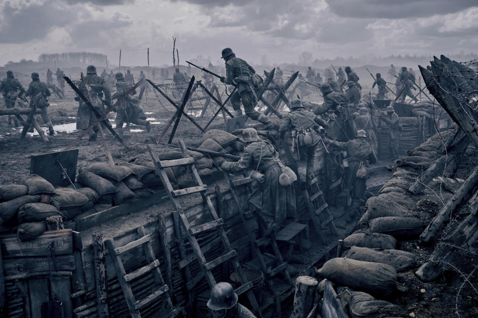 This image released by Netflix shows a scene from "All Quiet on the Western Front." (Netflix via AP)