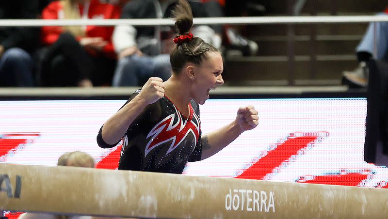 Utah’s Maile O’Keefe reacts after finishing a perfect 10 beam routine during a gymnastics meet against Boise State at the Huntsman Center in Salt Lake City on Friday, Jan. 5, 2024. The Utah Red Rocks won.