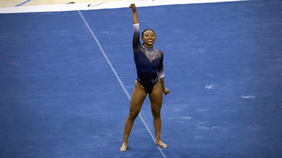 Nia Dennis performs during the UCLA Women's Gymnastics versus the Arizona State University Sun Devils at Pauley Pavilion in Los Angeles on Jan. 23, 2021. (Courtesy UCLA Athletics)