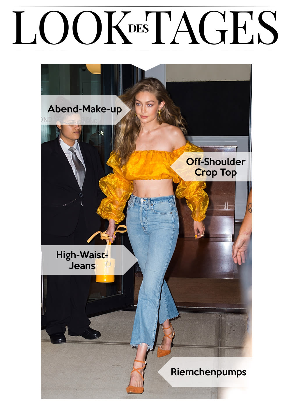 Mit gelbem Off-Shoulder Crop Top aus Organza und High-Waist-Jeans lief Gigi Hadid durch die New Yorker Nacht. (Bild: Getty Images)