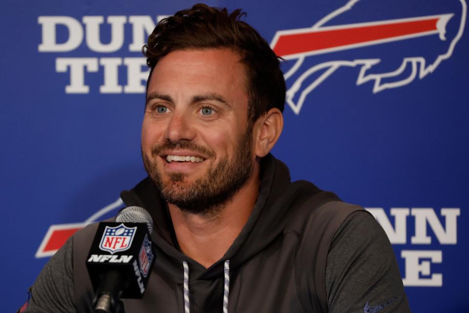 Buffalo Bills linebackers coach Bobby Babich addresses the media prior to NFL football practice in Orchard Park, N.Y., Tuesday, May 30, 2023. (AP Photo/Jeffrey T. Barnes)