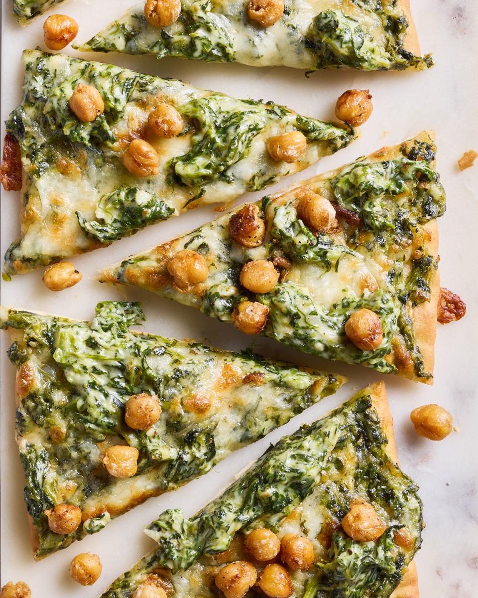 chickpea florentine flatbread with cream, spinach, and parmesan
