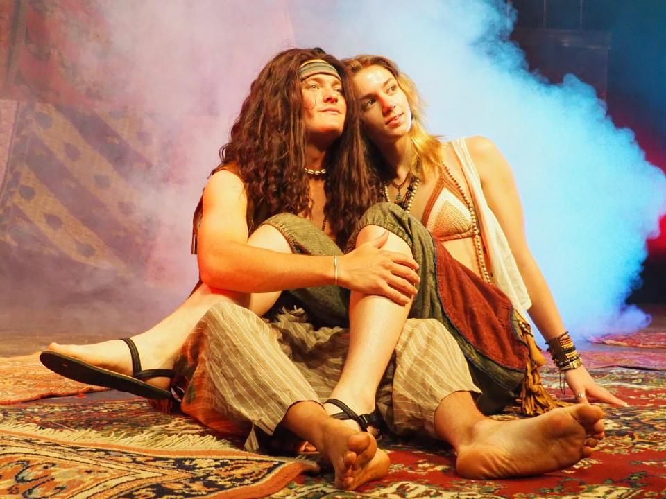 Berger, leader of the Tribe, is played by Nolan Donato, of Scituate, and Sheila, the protest leader, is portrayed by Julia Violet, of Norwell, in The Company Theatre's production of "Hair."