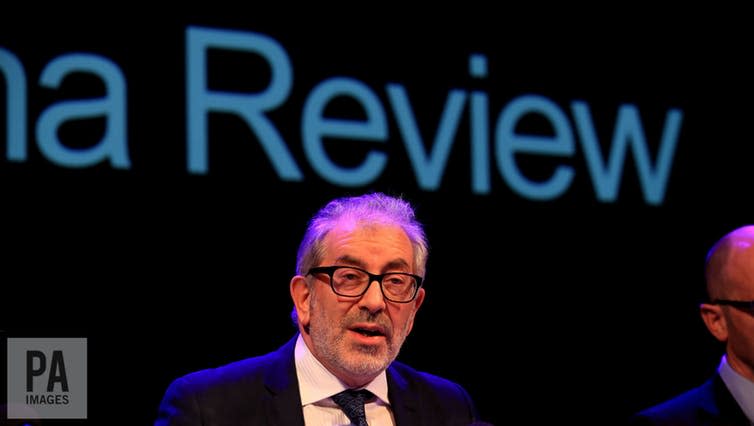 <span class="caption">Lord Kerslake delivering his conclusions in Manchester in March 2018.</span> <span class="attribution"><a class="link " href="https://www.paimages.co.uk/search-results/fluid/?q=manchester%20kerslake&amber_border=1&category=A,S,E&fields_0=all&fields_1=all&green_border=1&imagesonly=1&oldestfirst=1&orientation=both&red_border=1&words_0=all&words_1=all" rel="nofollow noopener" target="_blank" data-ylk="slk:Peter Byrne/PA Wire/PA Images;elm:context_link;itc:0;sec:content-canvas">Peter Byrne/PA Wire/PA Images</a></span>