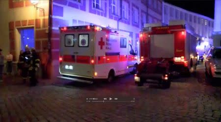 Emergency workers and vehicles are seen following an explosion in Ansbach, near Nuremberg July 25, 2016, in this still image taken from video. Courtesy News5/via Reuters TV