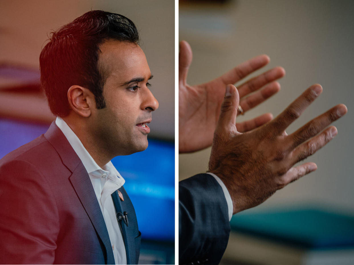 Side by side of Ramaswamy with a detail shot of his hands while he speaks. (Jamie Kelter Davis for NBC News)