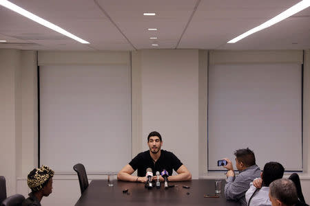 Turkish NBA player Enes Kanter speaks about the revocation of his Turkish passport and return to the United States at National Basketball Players Association headquarters in New York, U.S., May 22, 2017. REUTERS/Lucas Jackson