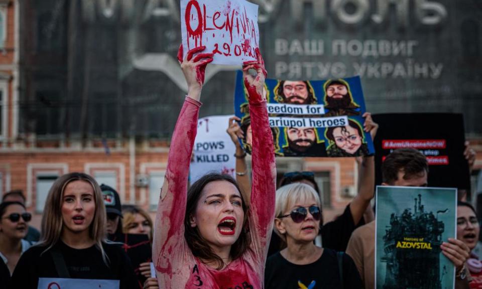 Relatives of Azov battalion soldiers protest in Kyiv after the explosion in Olenivka jail