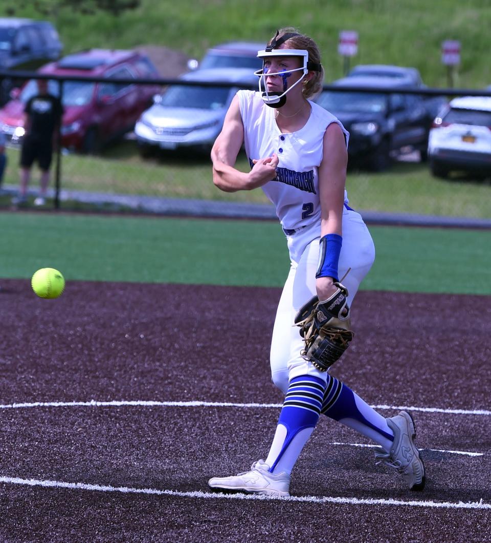 Deposit-Hancock's Addison Makowski pitched a perfect game in a 7-0 win over Richfield Springs in the Section 4 Class D softball championship game May 25, 2024 at Greenlight Networks Grand Slam Park in Binghamton.
(Credit: Andrew Legare/Elmira Star-Gazette)