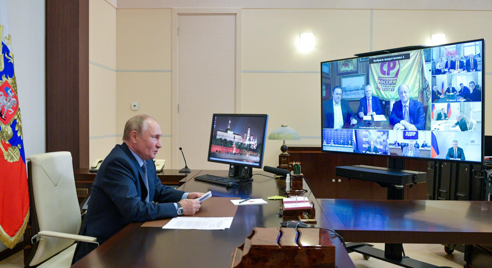 Russian President Vladimir Putin participates in a meeting with the leaders of the political parties via video conference at the Novo-Ogaryovo residence outside Moscow, Russia, Saturday, Sept. 25, 2021. (Alexei Druzhinin, Sputnik, Kremlin Pool Photo via AP)