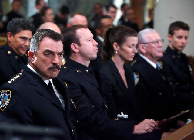 <p>Craig Blankenhorn/CBS via Getty</p> Frank (Tom Selleck), Danny (Donnie Wahlberg), Erin (Bridget Moynahan), Henry (Len Cariou) and Jamie (Will Estes) on "Blue Bloods"