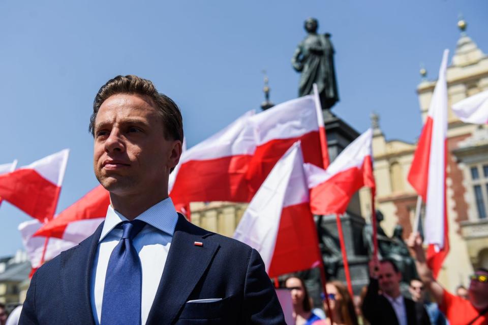 Presidential candidate for the far-right coalition party, Confederation Liberty and Independence, Krzysztof Bosak delivers a speech for locals and supporters during a rally on June 13, 2020, in Krakow, Poland. (Photo credit: Omar Marques/Getty Images)