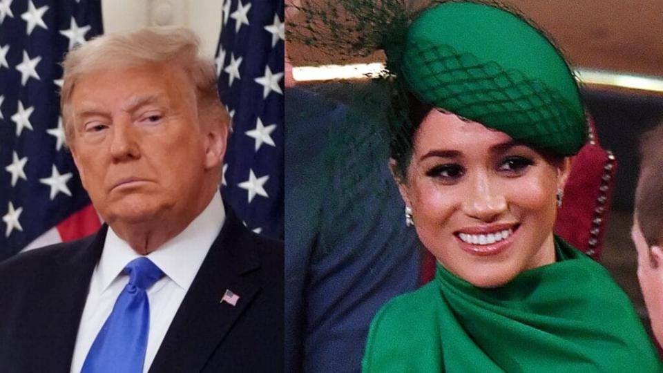 Last year, President Donald Trump referred to Meghan Markle as “nasty” after she criticized him as “divisive” and “misogynistic” during his 2016 campaign. <br>(Photos by Joshua Roberts/Getty Images and Phil Harris – WPA Pool/Getty Images)